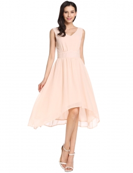 

Beige Double V Neck Sleeveless Asymmetrical A-Line Pleated Hem Chiffon Tank Dress, Multicolor
