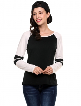 

Black O-Neck Long Sleeve Contrast Color Striped Patchwork Elastic Pullover T-Shirt, Multicolor