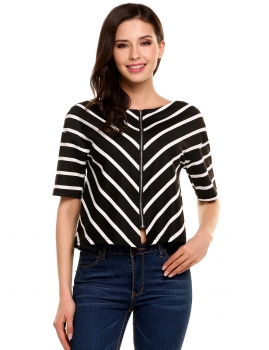 

Black Front Back Double Zip Contrast Color Striped O-Neck Short Sleeve Tops, Multicolor