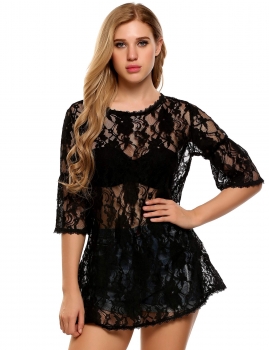 

Black Floral Lace 3"4 Flare Sleeve O Neck Loose Tops, Multicolor
