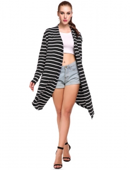 

Black Long Sleeve Open Front Striped Irregular Casual Cardigan, Multicolor