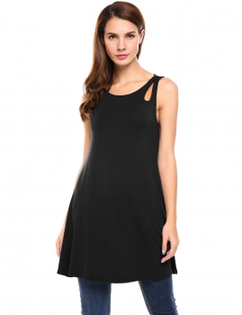 

Black Solid Hollow Out Casual O-Neck Sleeveless A-Line Hem Elastic Dress, Multicolor