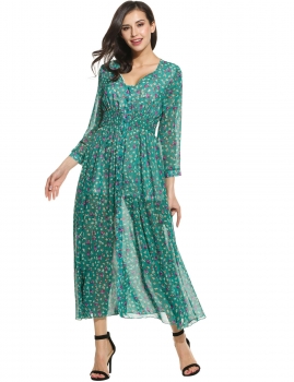 

Green Women Casual Long Sleeve Floral Print V Neck Button Tunic Dress, Multicolor