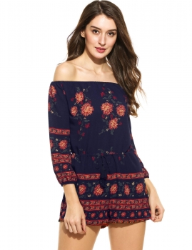 

Blue Long Sleeve Print Off the Shoulder Pullover Rompers, Multicolor