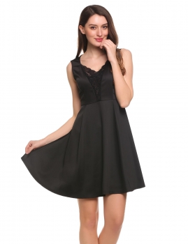 

Black Sleeveless Lace Patchwork V-Neck Skater Dress, Multicolor