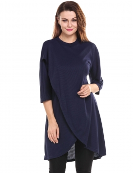 

Dark blue Fross Cross Asymmetrical Hem Pullover Elastic Knit O-Neck 3"4 Sleeve Solid Top, Multicolor