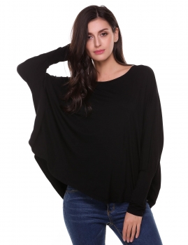 

Black O-Neck Long Batwing Sleeve Irregular Hem Solid Loose Tops, Multicolor