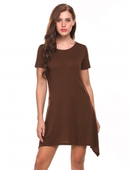 

Brown Solid Asymmetrical Pleated Hem Elastic Short SleeveDress with Pockets, Multicolor