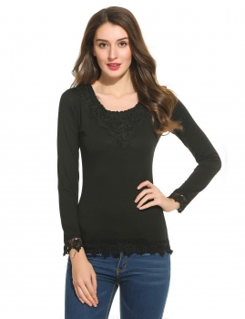 

Floral Lace Patchwork Round Collar Long Sleeve Slim Fit Top, Multicolor