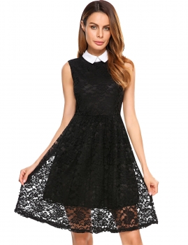 

Black Vintage Style Turn Down Collar Sleeveless Floral Lace Dress, Multicolor