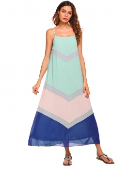 

Green Spaghetti Strap Contrast Color Chiffon Long Beach Dresses, Multicolor
