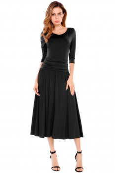 

Black O-Neck Solid Ruched A-Line Elastic Maxi Dress, Multicolor