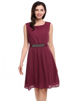 

Sleeveless Beading Belted Pleated Going Out Dress, Multicolor