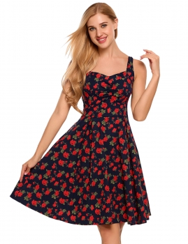 

Floral Ruched Sleeveless High Waist Swing Dress, Multicolor
