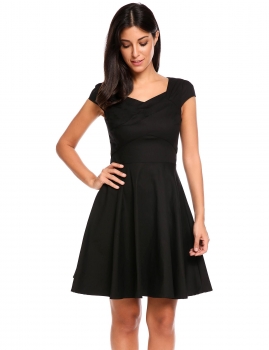 

Black V-Neck Cap Sleeve Solid A-Line Pleated Hem Tunic Dress, Multicolor