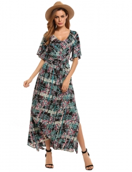 

Black Vintage Floral Print Split Tie-Waist Short Sleeve Kimono Maxi Dress, Multicolor