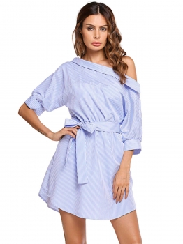 

Blue Short Sleeve One Shoulder Striped Belted Shirt Dress, Multicolor