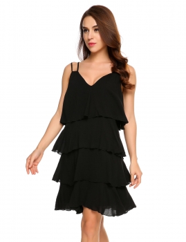 

Black Double Spaghetti Strap Sleeveless Tiered Ruffle Solid Dress, Multicolor