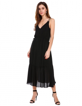 

Black Spaghetti Strap Drawstring Solid Maxi Dress, Multicolor