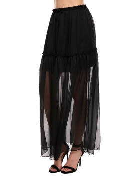 

Black Elastic Band Drawstring Mesh Patchwork Maxi Long Skirt, Multicolor