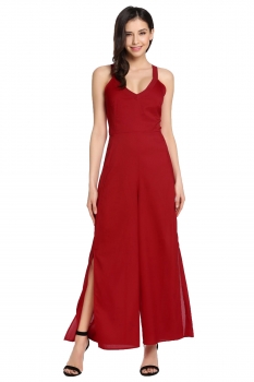 

Red Solid Back Bandage Wide Leg Side Slit High Waist Jumpsuit, Multicolor