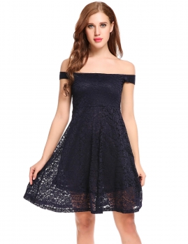 

Dark blue Slash Neck Off Shoulder Floral Lace A-Line Pleated Hem Dress, Multicolor