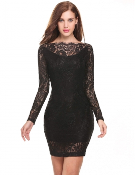 

Black Boat Neck Long Sleeve Floral Lace Hollow Out Going Out Dress, Multicolor