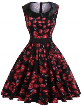 

Black Doll Collar Prints Patchwork Pleated Hem Dress, Multicolor