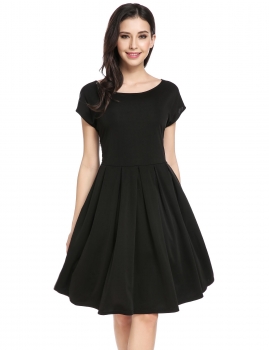 

Black Vintage Styles Boat Neck Short Batwing Sleeve Casual Dress, Multicolor