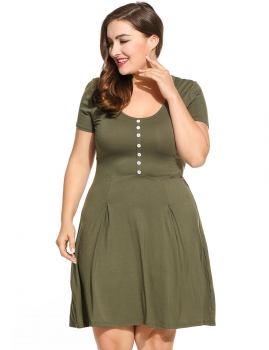 

New Women Casual O-Neck Short Sleeve Solid Pleated Pullover Plus Size Button Elastic Dress, Multicolor