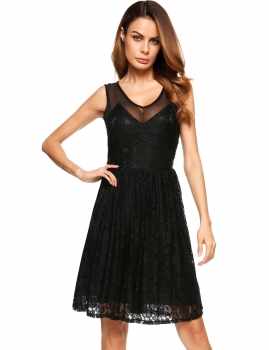 

Black Casual Sleeveless Lace V Neck A-Line Dress, Multicolor