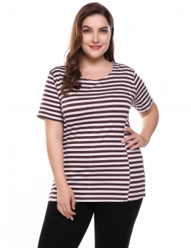 

Coffee Striped Plus Size Short Sleeve Crew Neck Loose Pullover T-Shirts, Multicolor