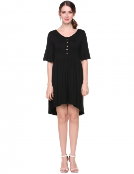 

Black V-Neck Half Flare Sleeve Solid Pleated Asymmetrical Hem Knit Elastic Dress, Multicolor