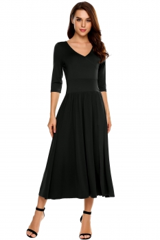

Black V-Neck 3"4 Sleeve Solid Split A-Line Dress, Multicolor