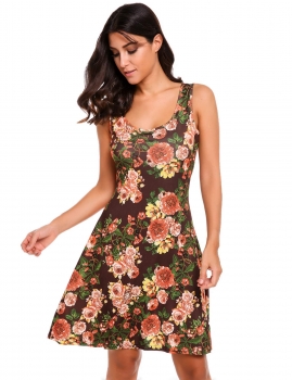 

Brown Sleeveless Fit and Flare Floral Print Tank Casual Dress, Multicolor