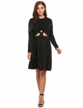 

Blackl Long Sleeve Solid O Neck Zip-up Hollow Out A-Line Dress, Multicolor