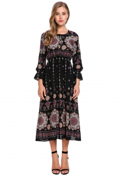 

Black Bohemian Style Long Sleeve Button Print Casual Dress, Multicolor