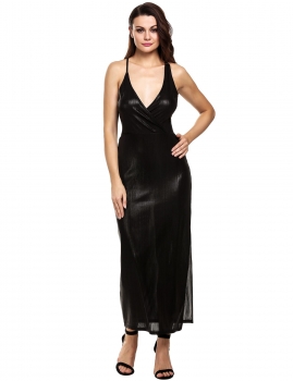 

Black V-Neck Cross Strap Side Slit Shinny Evening Dress, Multicolor