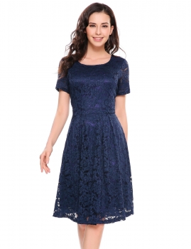 

Navy blue O-Neck Short Sleeve Floral Lace A-Line Pleated Zipper Dress, Multicolor