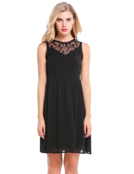

Black Sleeveless Lace Patchwork Elastic Waist Pleated Dress, Multicolor