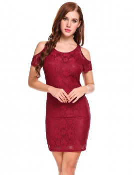 

Wine red O-Neck Short Sleeve Cold Shoulder Floral Lace Going Out Dress, Multicolor