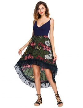 

Navy blue Adjustable Spaghetti Straps Ruffle Hem Dress, Multicolor