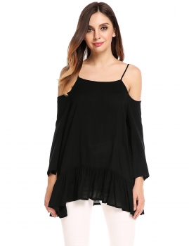

Black Cold Shoulder 3"4 Slit Sleeve Ruffled Printing Blouse Top, Multicolor