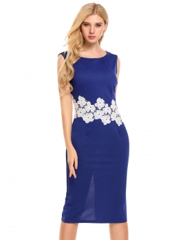 

Blue Sleeveless O Neck Appliques Pencil Dress, Multicolor
