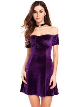 

Purple Solid Off the Shoulder Flared Skater Dress, Multicolor