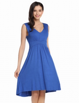 

Blue V-Neck Sleeveless Solid Fit and Flare Casual Dress, Multicolor
