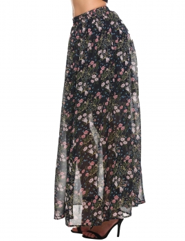 

Blue Vintage Style Printed A-Line Pleated Chiffon Maxi Skirts with Lining, Multicolor