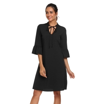 

Black 3"4 Flare Sleeve Shift Solid Casual Dress, Multicolor