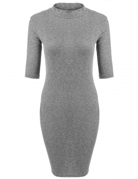 

Gray New Women Casual Stand Collar Half Sleeve Solid Pullover Slim Knit Dress, Multicolor