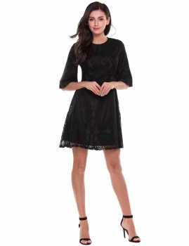 

Black Women O-Neck Half Flare Sleeve Cocktail Party Crochet Lace A-Line Dress, Multicolor